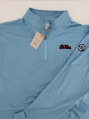 SIP EMBROIDERED SLEEVE! Peter Millar Ole Miss Powder Birdseye 1/4-Zip!  XL - NWT